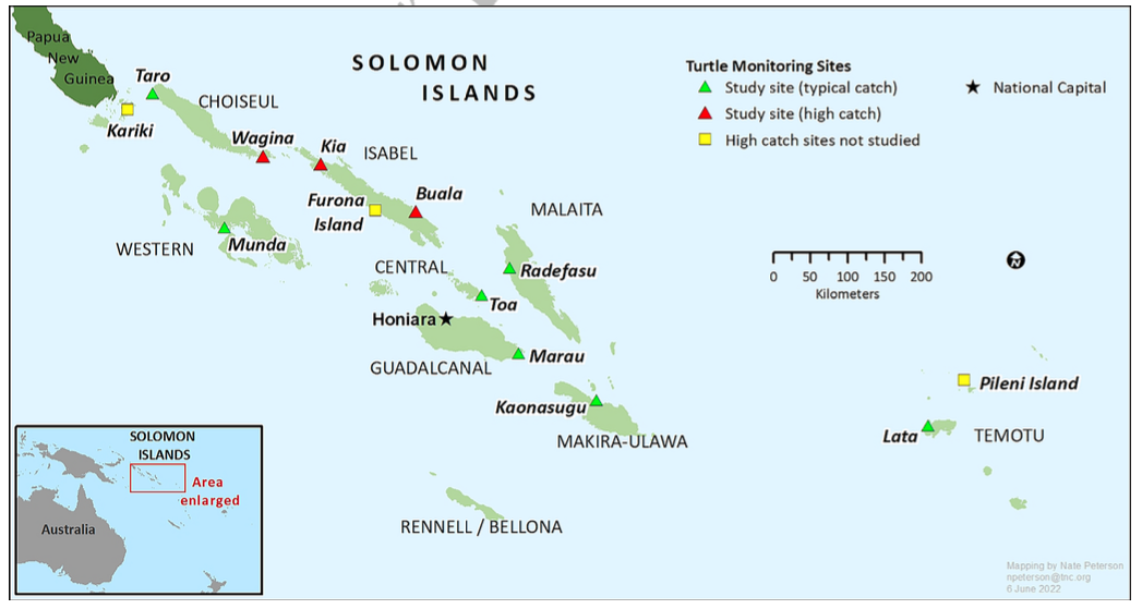 A map of the Solomon Islands with locations of the survey area marked. 