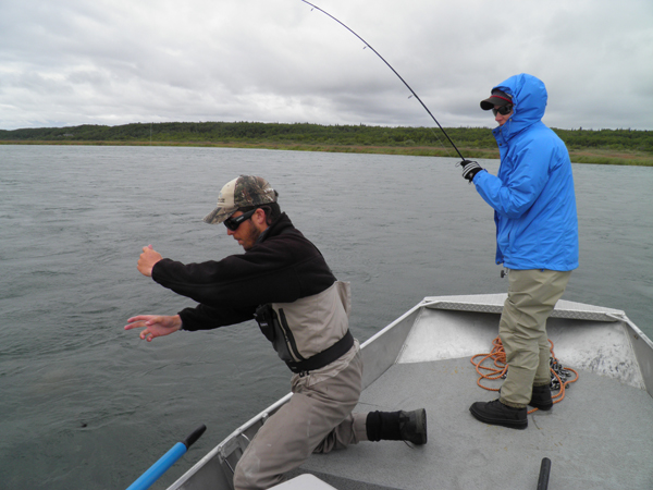 Jennifer Miller and guide Taylor Wells bring in a trophy rainbow trout on one of the many rivers of Bristol Bay--one of the finest places for outdoor adventure left on earth. Photo: Matt Miller/TNC