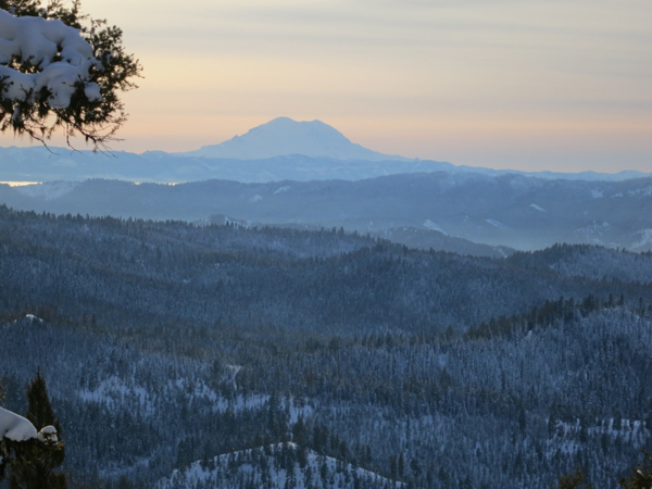 A winter look over the Peavine and Klone Peak fires, eastern Cascades, Washington.  Mt Rainier is in the background. Photo: Matt Dahlgreen 