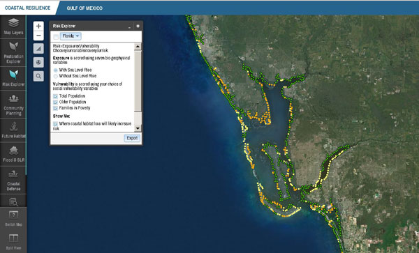 Screenshot from Risk Explorer feature of Coastal Resilience.org, showing  where loss of coastal habitat will likely increase risk (exposure to hazard x social vulnerability, including older populations and families in poverty) along a section of Florida coastline.