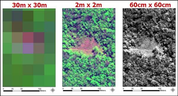 Three examples  of the same area in eastern Paraguay with three different imagery resolutions. As resolution increases, so does the ability to detect a road through a forest. Credit: Sarah Boyle