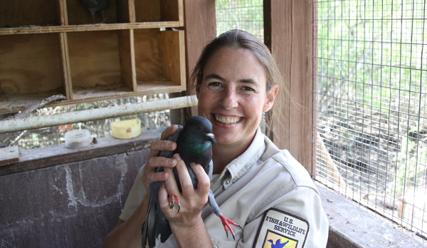 Hilary Swarts with one of the decoy pigeons. Photo: Matt Miller/TNC