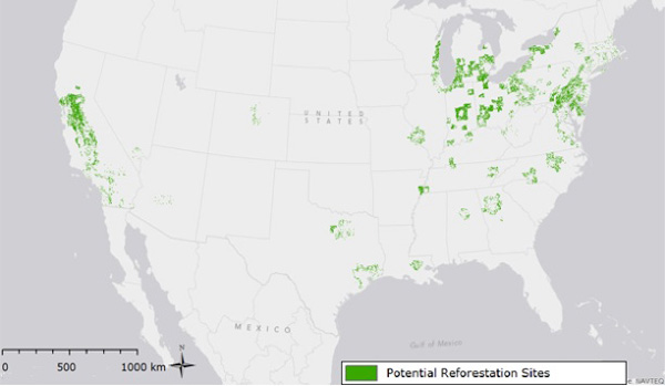 Locations with the potential to use reforestation for ozone abatement are shown in green. They have ozone levels that exceed federal standards, were once forested but are not currently, and have NOx-limited formation of ozone.