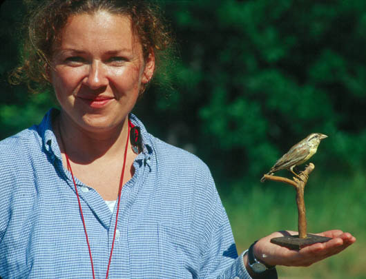 Mia Revels with a gaudy craft store bird painted to resemble a Swainson's warbler. Photo: Dan L. Reinking