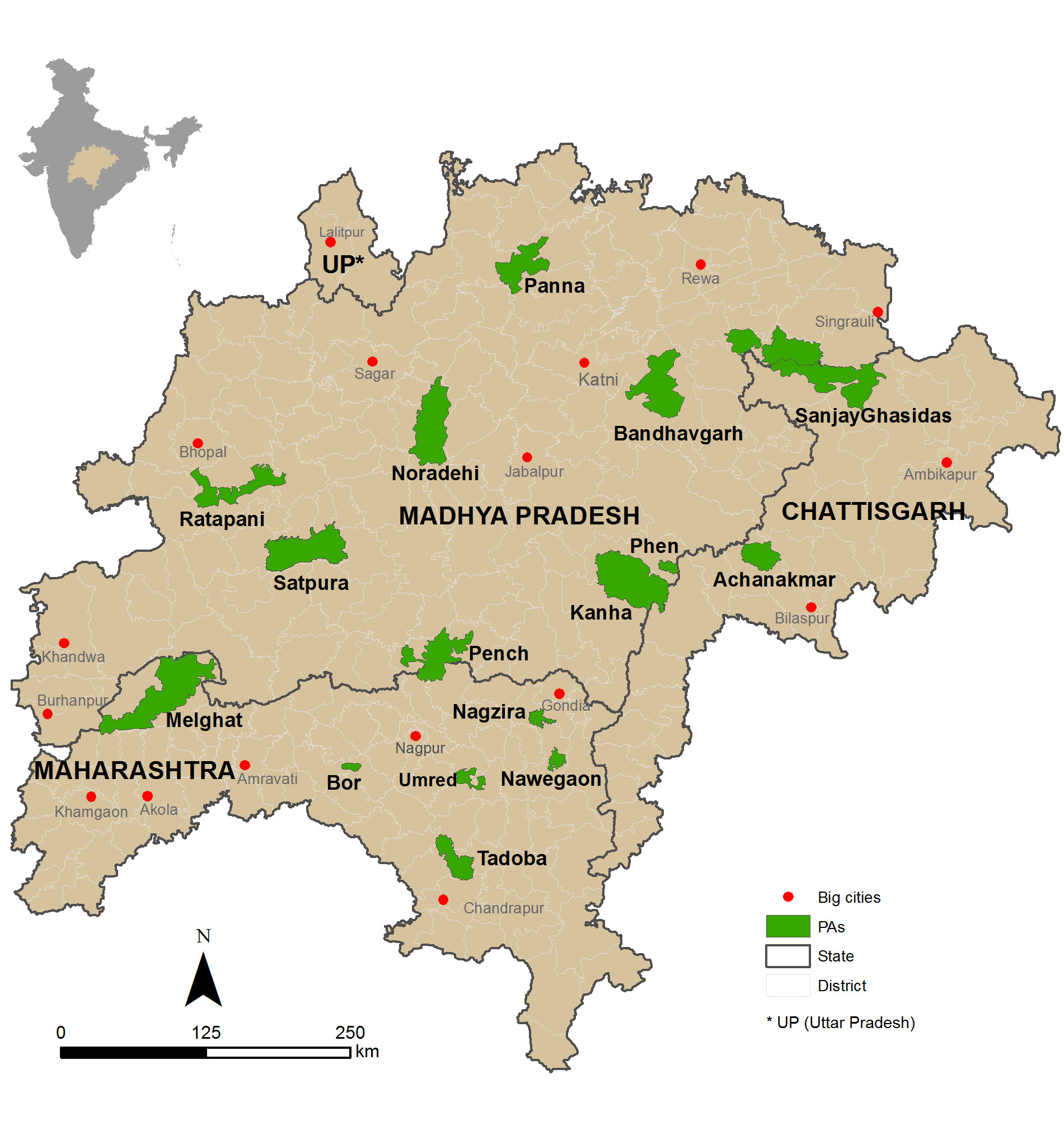 Map of study landscape. The location in India is shown in the inset. State and district boundaries are shown black and gray, respectively. Protected areas are shown in green, and big cities/towns (with population greater than 88,000 people) are represented as red dots.