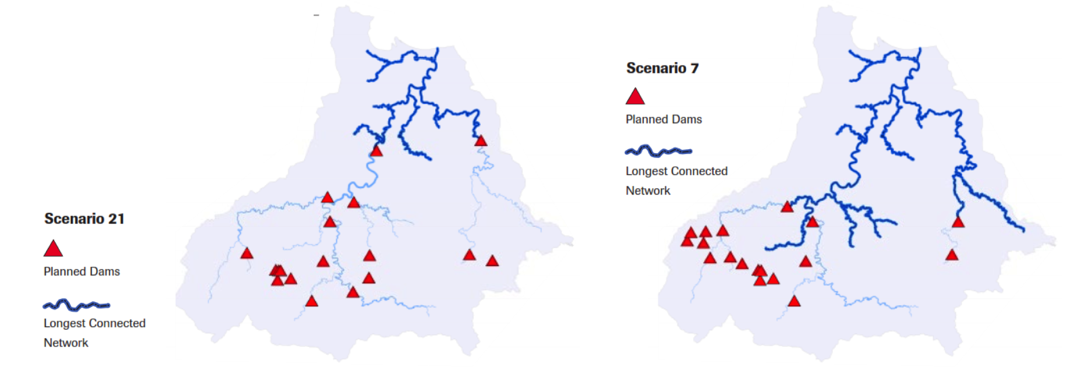 Figure 1. Two scenarios with similar hydropower development for the Coatzacoalcos River basin in Mexico (approximately 70% of basin capacity), but considerably different levels of connectivity: Scenario 7 (far right) has 452 km affected by fragmentation compared to Scenario 21 (left) with 970 km. Analysis conducted in collaboration with Mexico’s Federal Commission for Electricity (CFE) and the National Commission for Knowledge and Use of Biodiversity (CONABIO).
