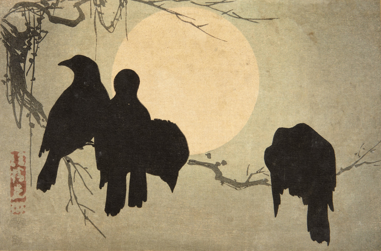 Ogata Korin crows and moon block print.