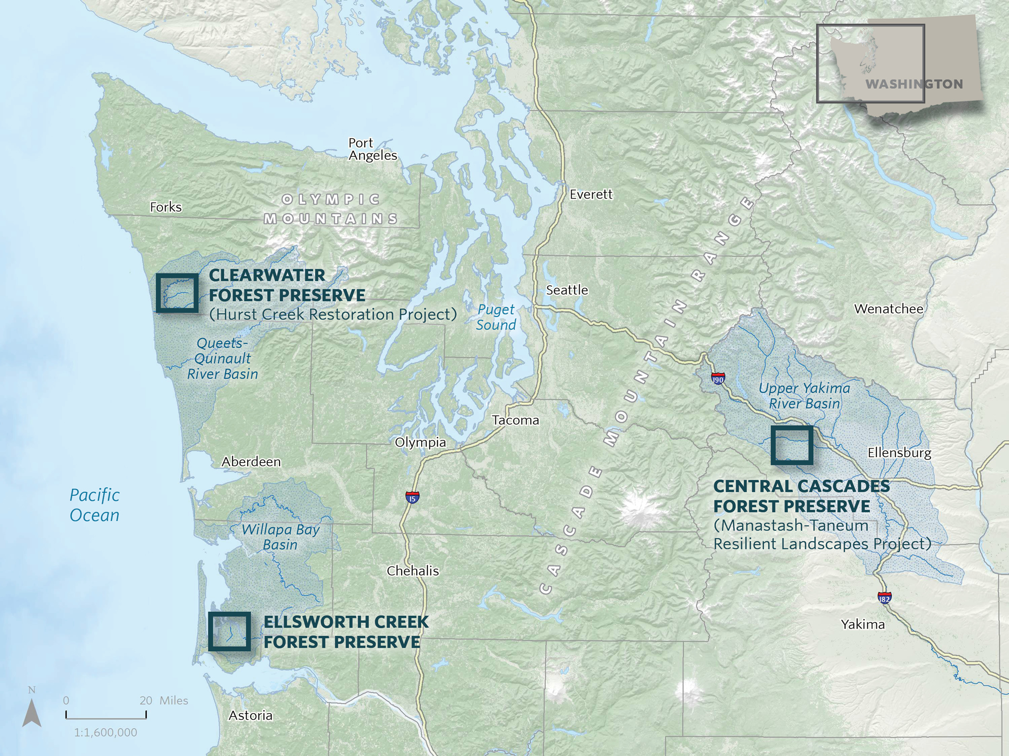 Large wood projects in Washington. Map: The Nature Conservancy (Erica Simek Sloniker)