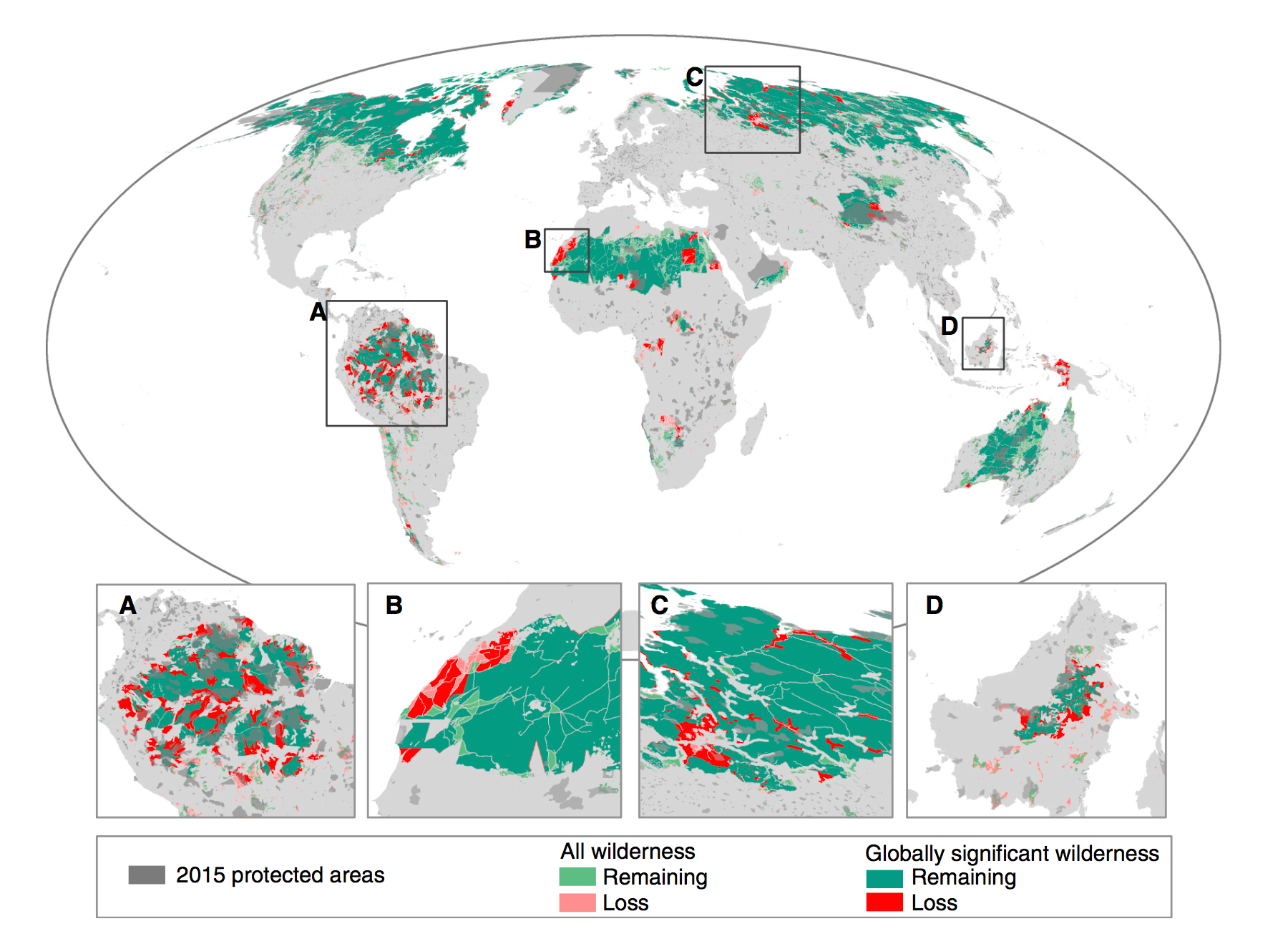 Change in the distribution of wilderness and globally significant wilderness areas since the early 1990s. Figure © Watson, et al. (2016). Current Biology, 26, 1-6.
