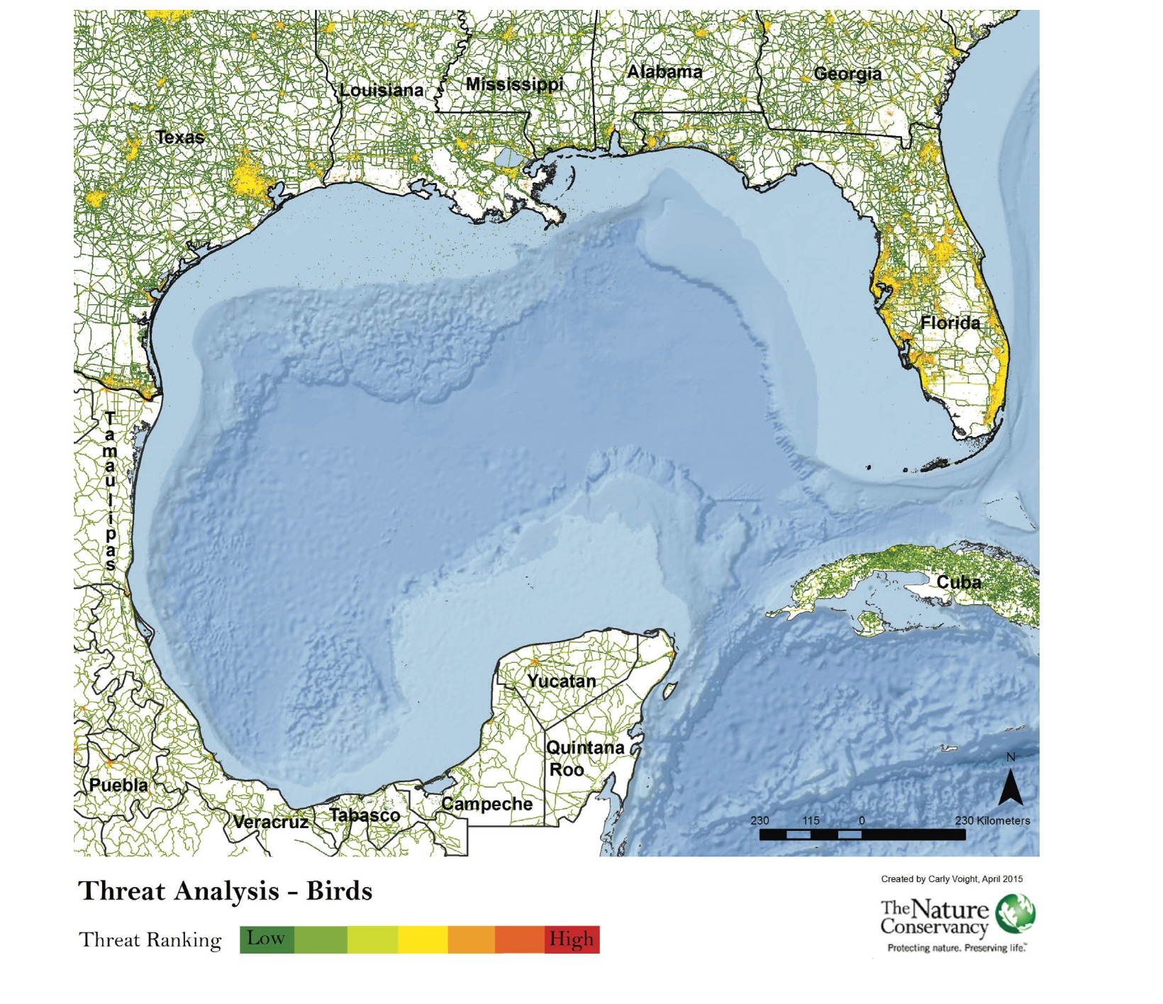 Threat analysis for the nine bird species in the report. Map © The Nature Conservancy 