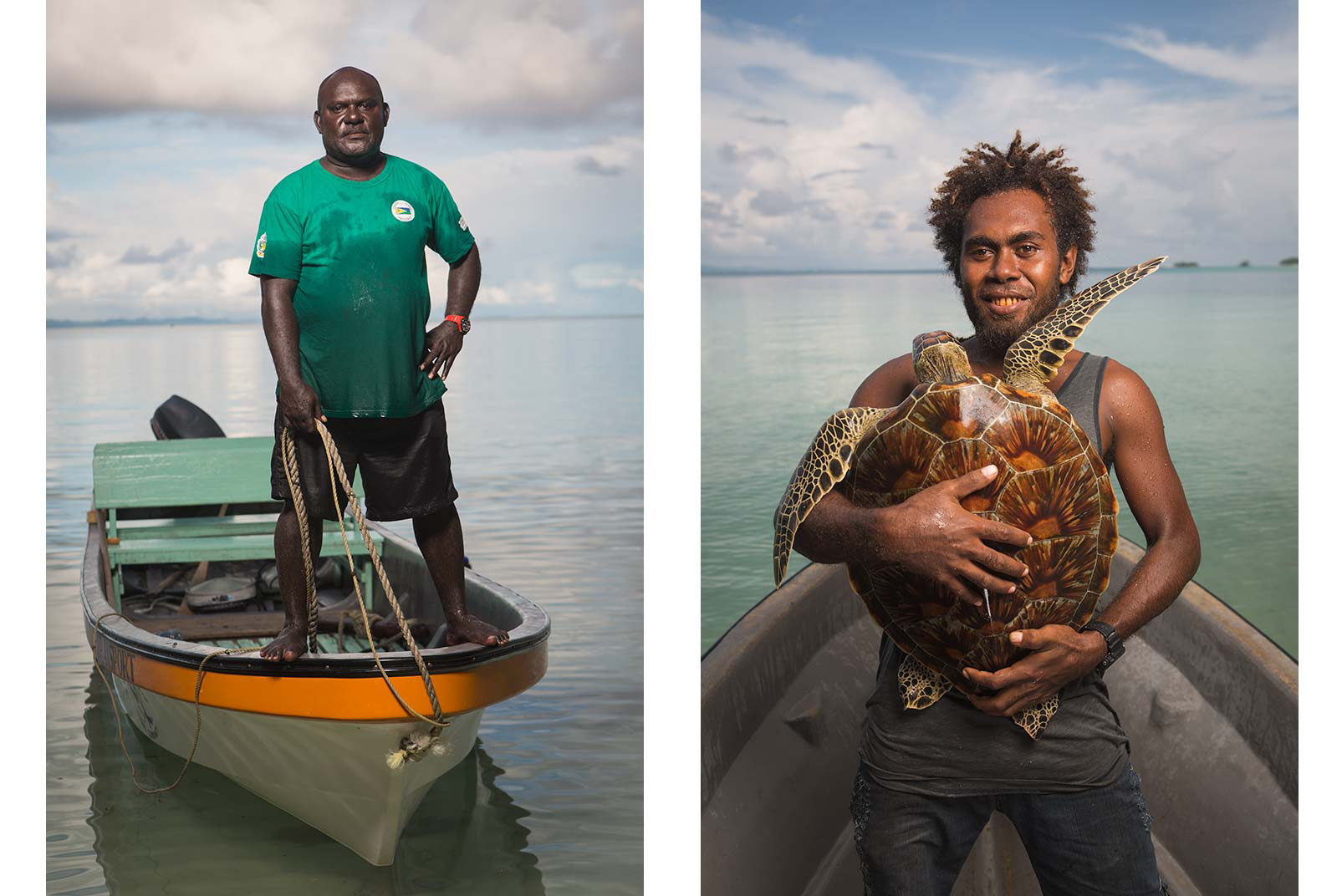 The program hires several local rangers who keep tabs on the green turtle population and help Hamilton track the hawksbill turtles. Led by John Pita (left), the station’s environmental coordinator, rangers, like Leslie Rubaha (right), catch juvenile green sea turtles by diving to capture them in a shallow lagoon. “I’m sure that it’s skills these guys have been using for generations to catch turtles,” Calver says, “but now they’re just using them to do science work with.” Photo © Tim Calver