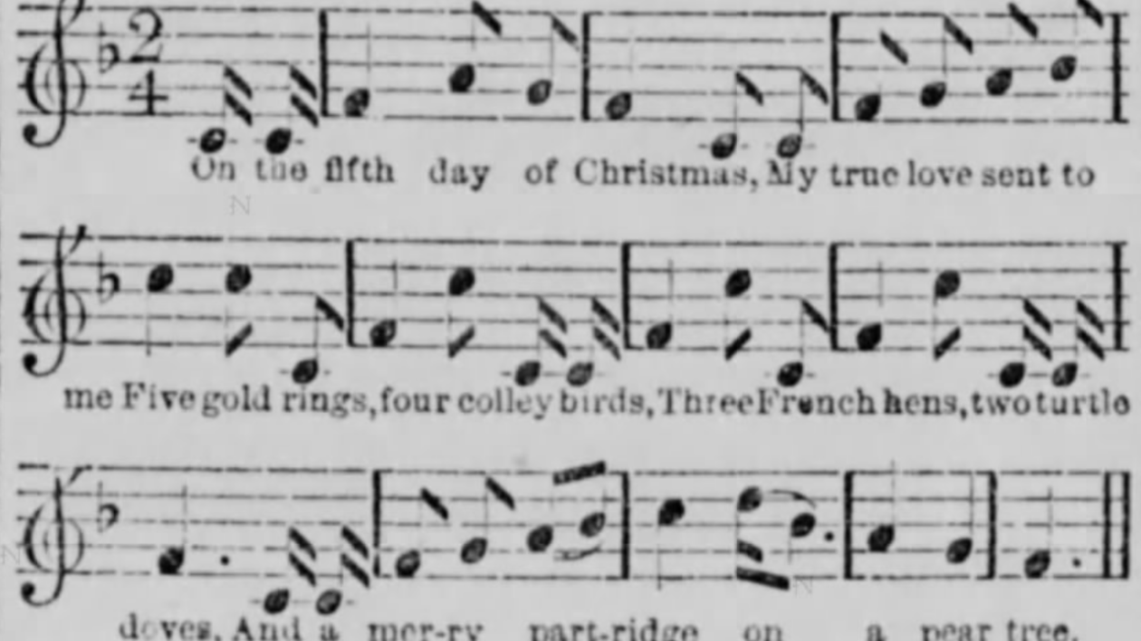 song notes with lyrics to 12 Days of Christmas beneath