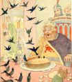 illustration of a king cutting a pie with birds flying out of it 