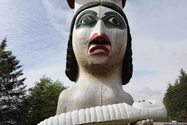 A carving in the Klawock Totem Park. Teacher and tribal member Jon Rowan has been working with students to add new totem poles to the park for 20 years. Photo: Matt Miller/TNC