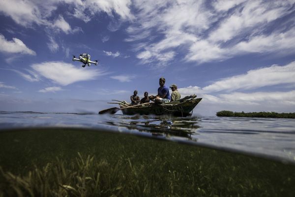 Working from Jackson Pierre's boat and assisted by his son Baldwen, Jordan Mitchell pilots a quad copter drone over a Red Mangrove forest. The drone carries a GoPro 3+ camera used to survey the bottom topography. Steve Schill and George Raber assist. Photo: © Tim Calver