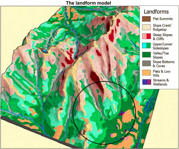 Areas with more microclimates and greater connectivity provide more options for species stressed by a changing climate. Model output for Mount Mansfield, Vermont (U.S.A.) shows 8 microclimates within the 40-ha circle. (adapted from Anderson et al. 2012).