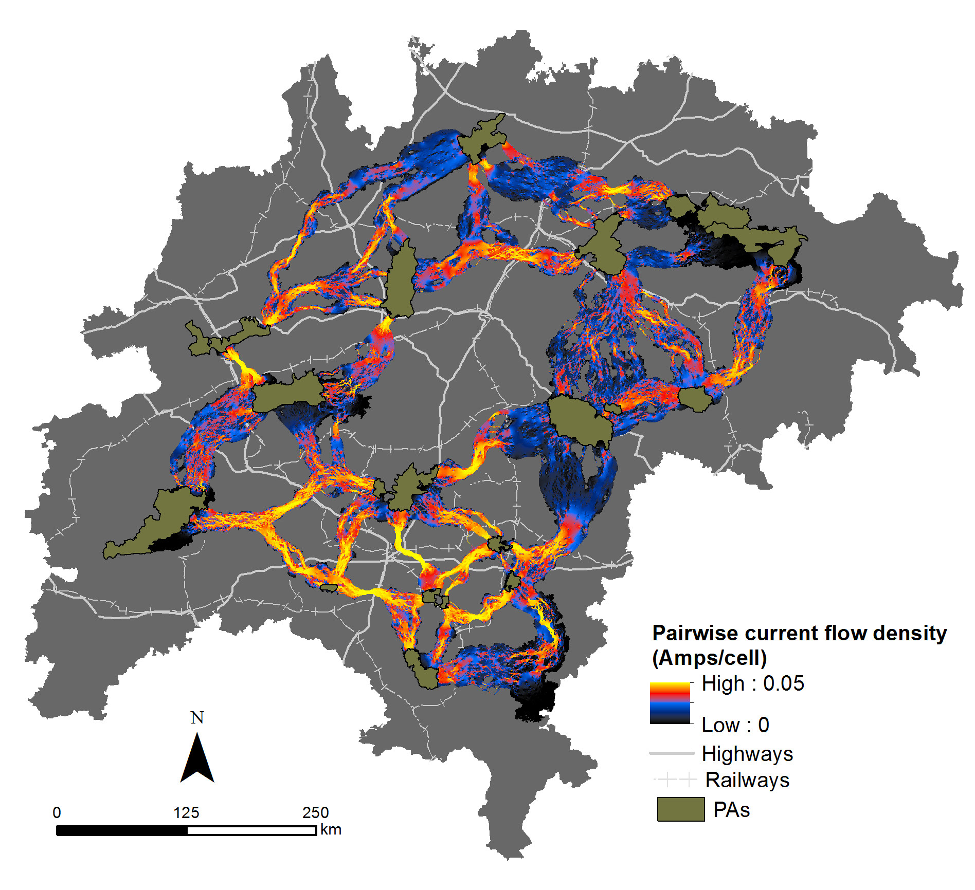 Pairwise pinch points, shown in shades of yellow, indicate areas where current flow is highly restricted between adjacent pairs of PAs. Railway lines and major roads are also shown. Units are current density (Amps/cell).