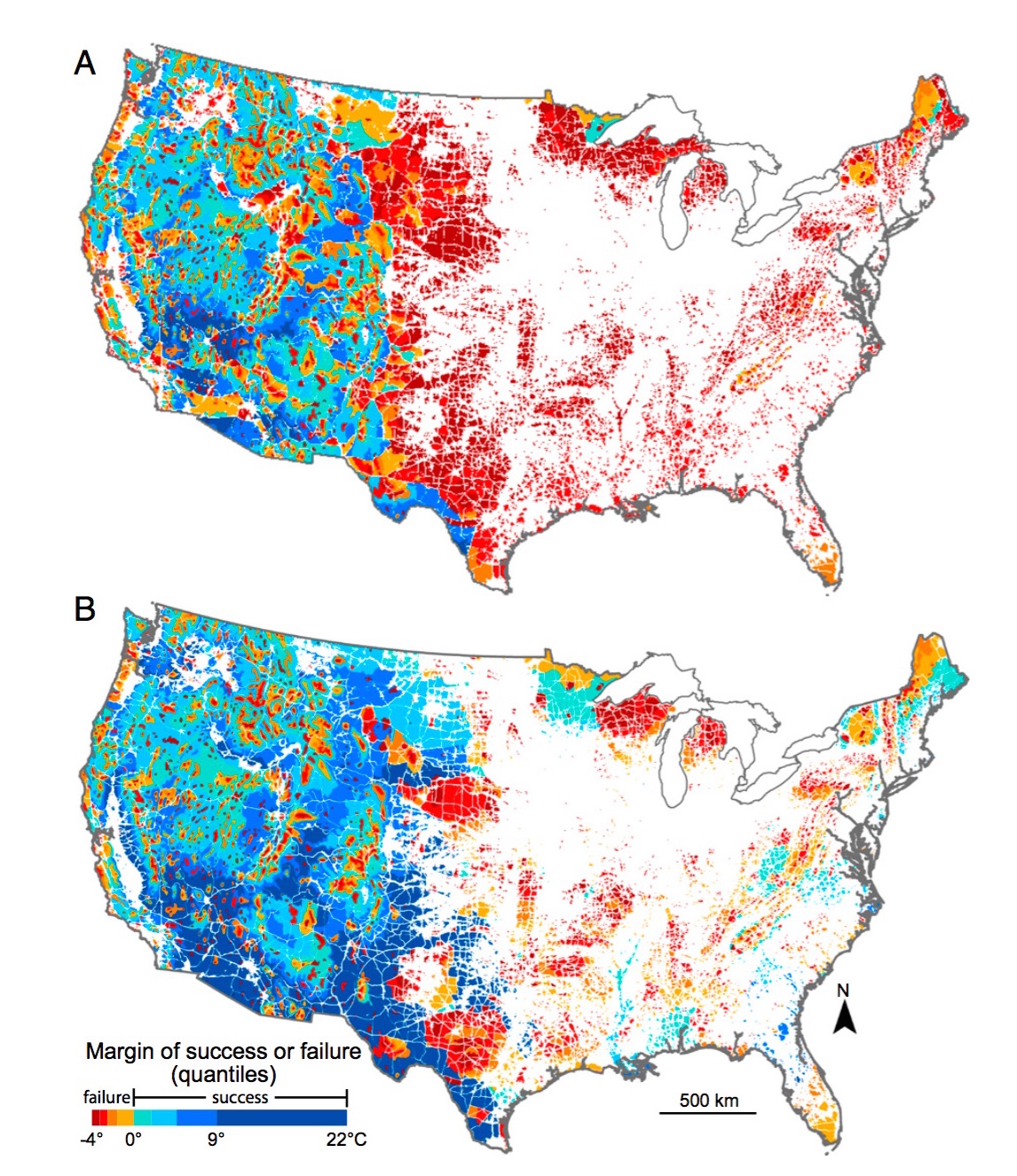 Margin of success or failure at achieving climate connectivity. Negative temperatures, in red to orange colors, indicate a failure to achieve climate connectivity; positive temperatures, in blue colors, indicate success. (A) Without corridors. (B) With corridors. 