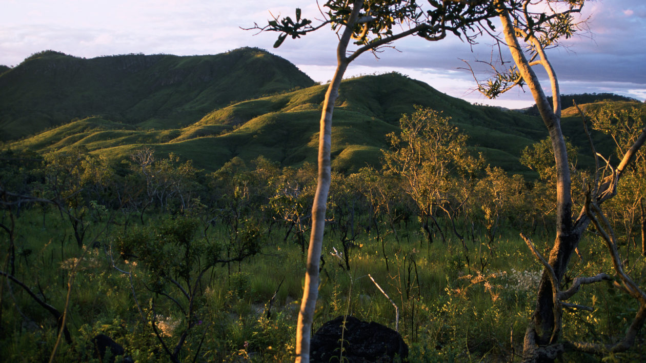 Tombador property at sunset in the Cerrado, Chapada dos Veadeiros National Park Brazil, South America. Photo © The Nature Conservancy (Scott Warren)