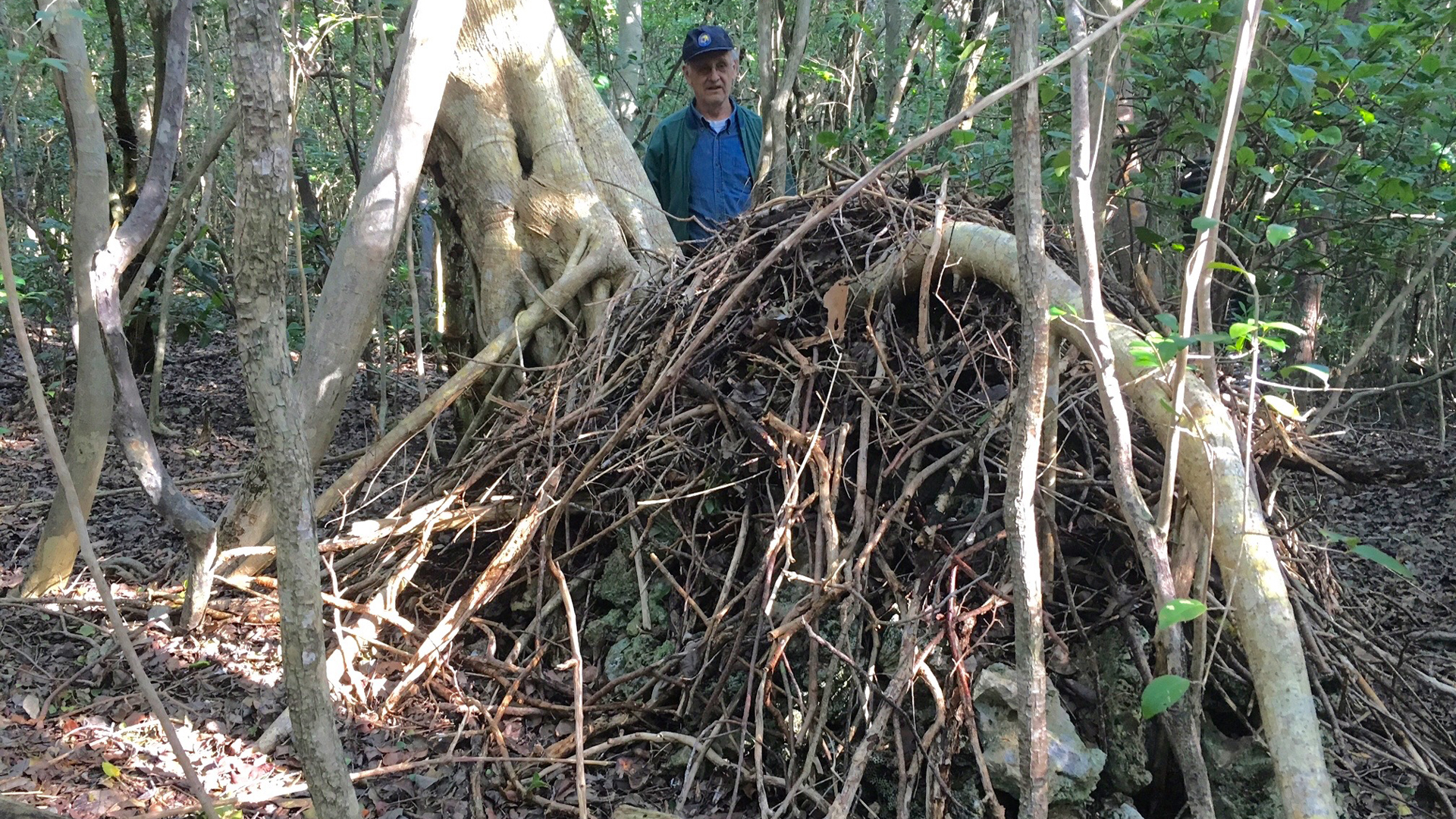 Ralph DeGayner at a woodrat house. Photo © Clay DeGayner