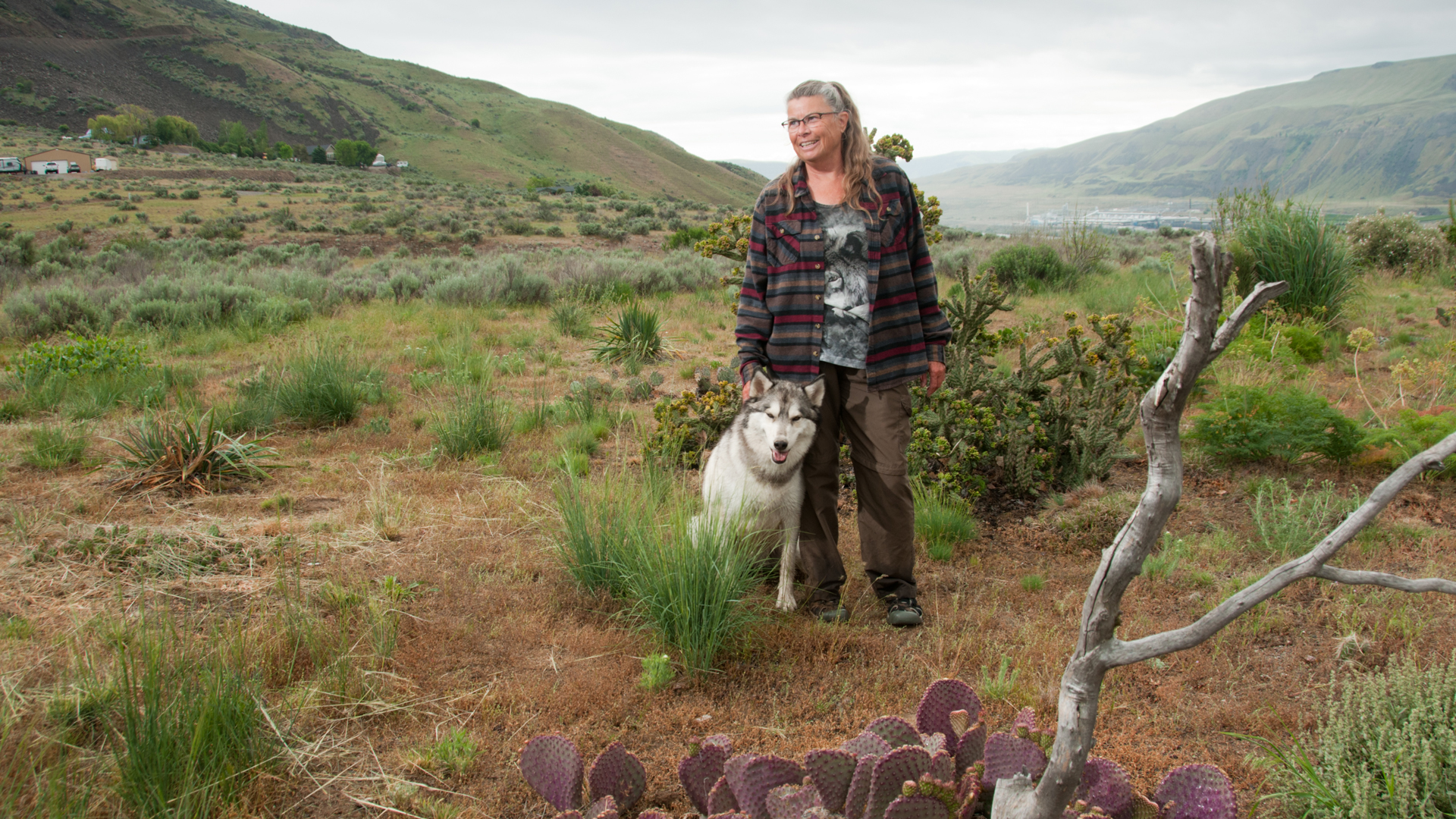 Dixie Dringham and her wolfdog Yutah. Dringham would be interested in having the biocontrol applied to all of her land. Photo © Hannah Letinich