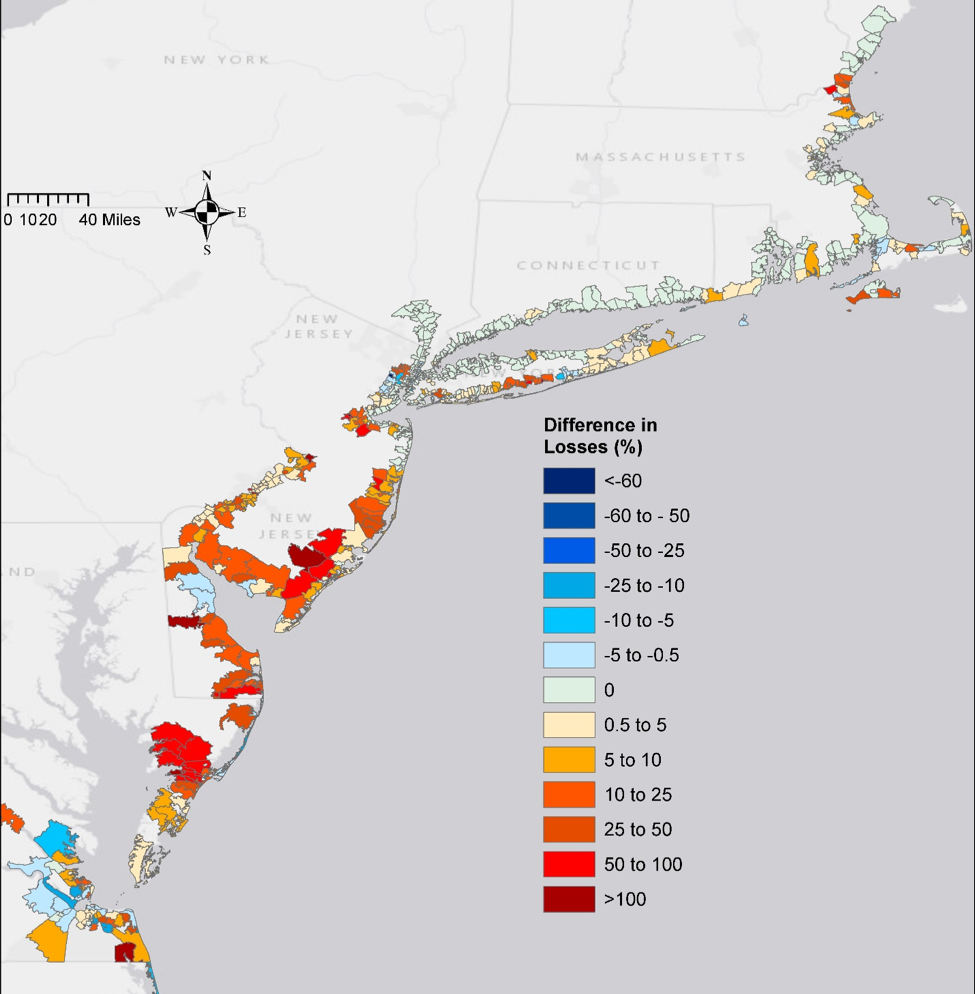 Figure 1: Effects of wetlands on flood losses. Percent changes in Hurricane Sandy flood losses between “Present” and “Wetland Loss” scenarios. Redder areas see greater benefits in flood damage reduction from wetlands.