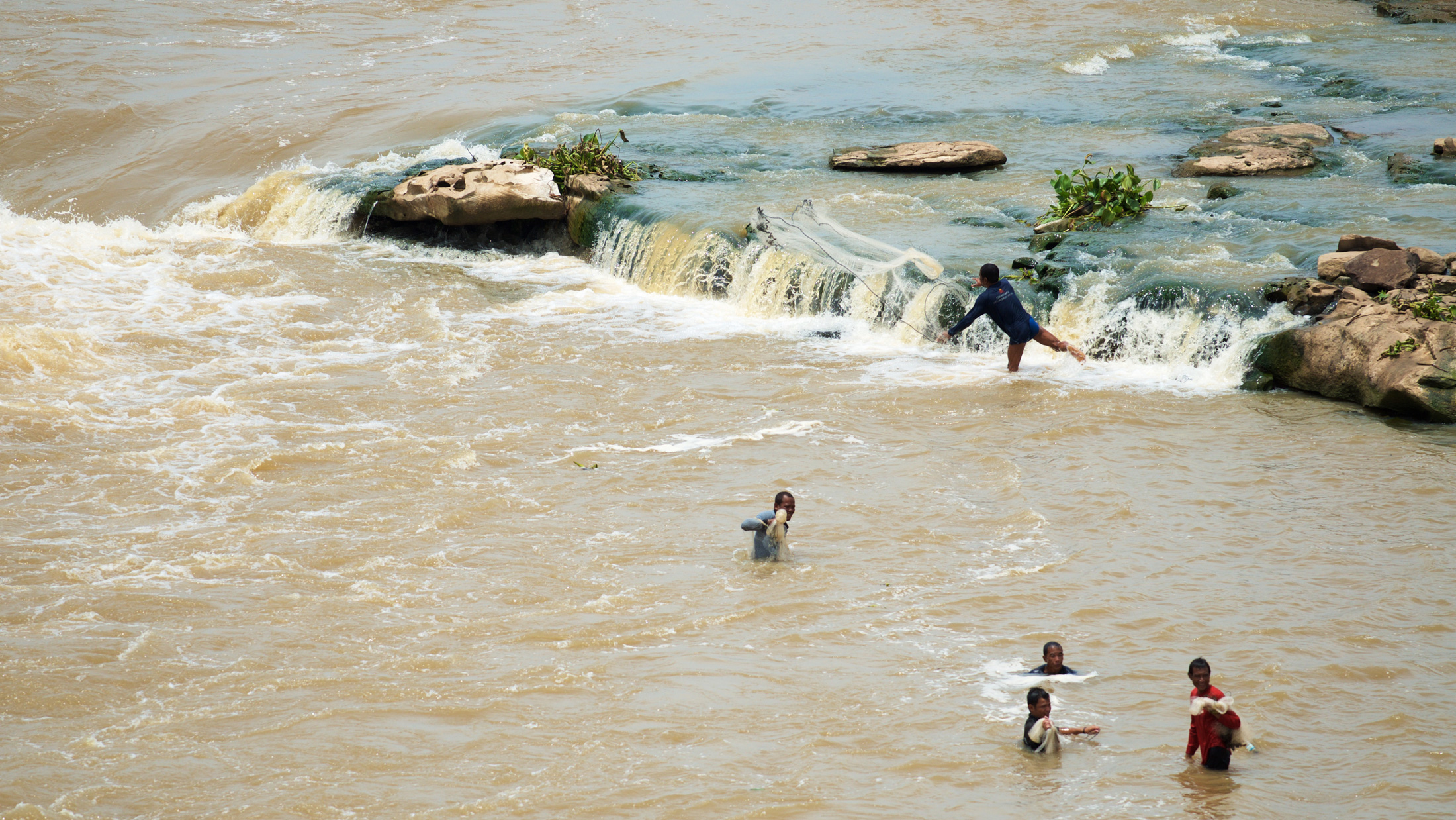 On the Mun River, in northeastern Thailand, several men use cast nets to catch fish upstream of the Pak Mun Dam. The dam was once considered one of the most destructive dam development projects because of its ecological, social and economic impacts. Each year, the government opens the dam gates for four months with the intention of allowing migratory fish to pass upstream to spawn. However, fishermen in the region report continual declines in catch. Photo Aaron A. Koning/UW–Madison