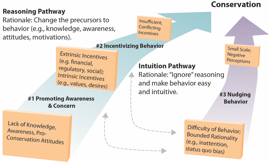 Three approaches for promoting conservation behavior and the barriers (orange blocks) to conservation behavior that they target (Reddy et al. 2016).