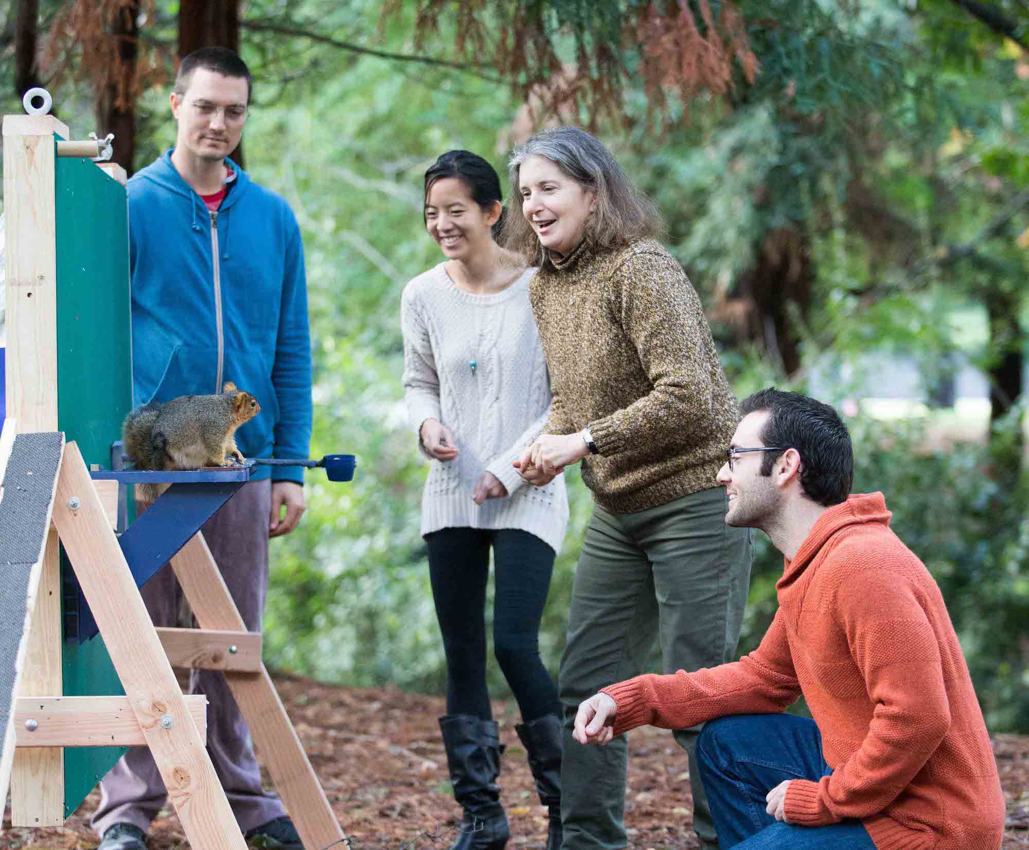 four people watchihng a squirrel on a platform