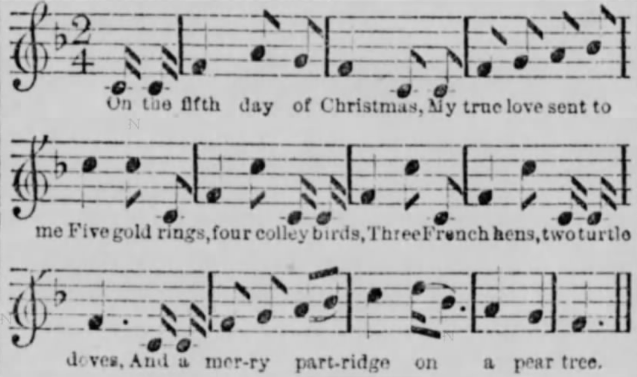 song notes with lyrics to 12 Days of Christmas featuring "five gold rings" (instead of golden), "four colley birds," (instead of calling).  