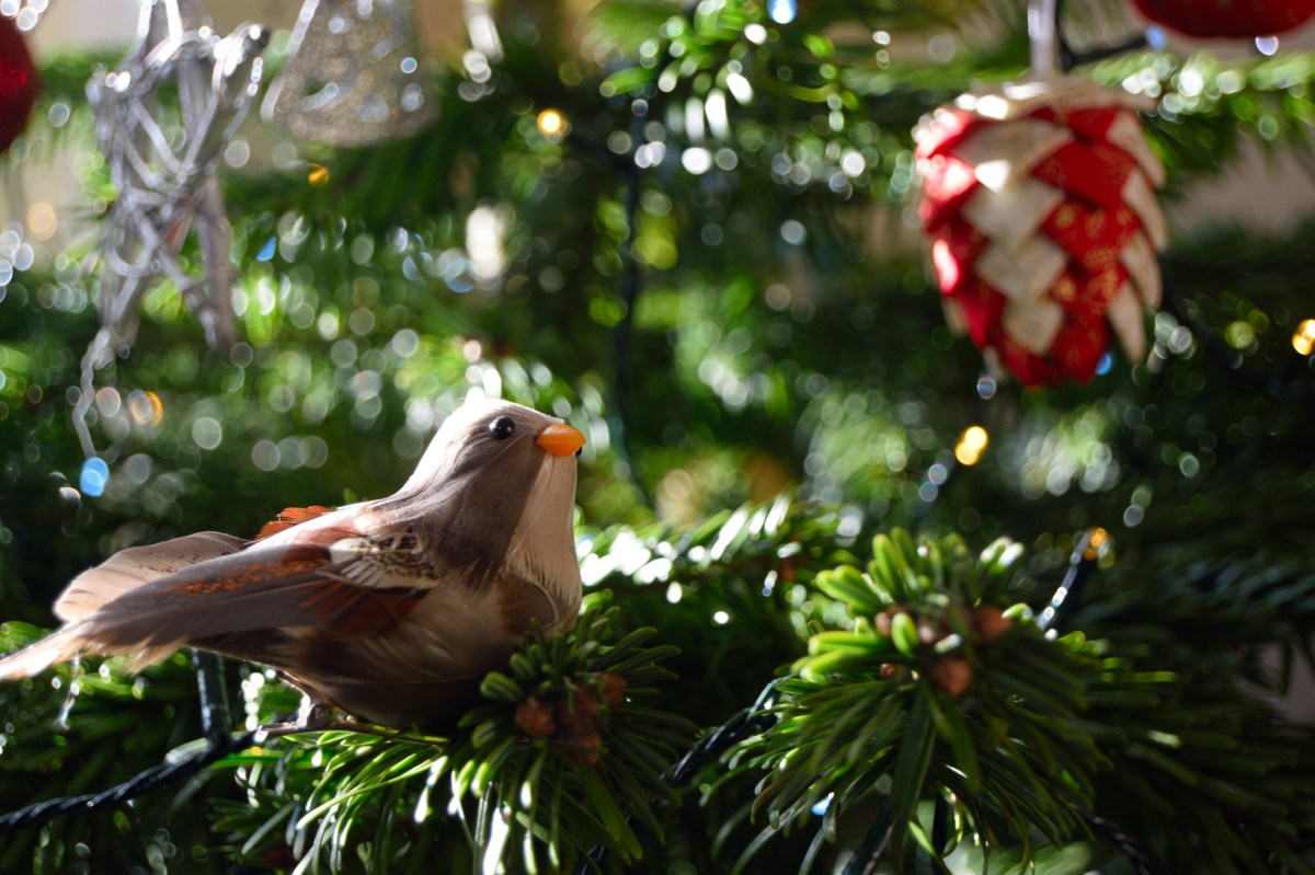 fake bird ornament in Christmas tree