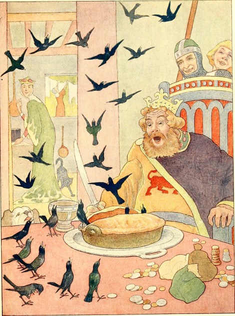 illustration of a king cutting a pie with birds flying out of it