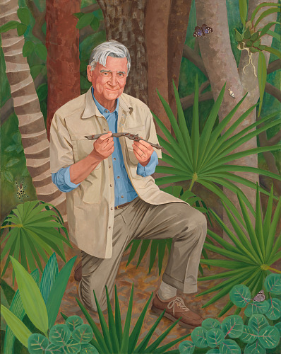 painting of man sitting amid foliage holding ants