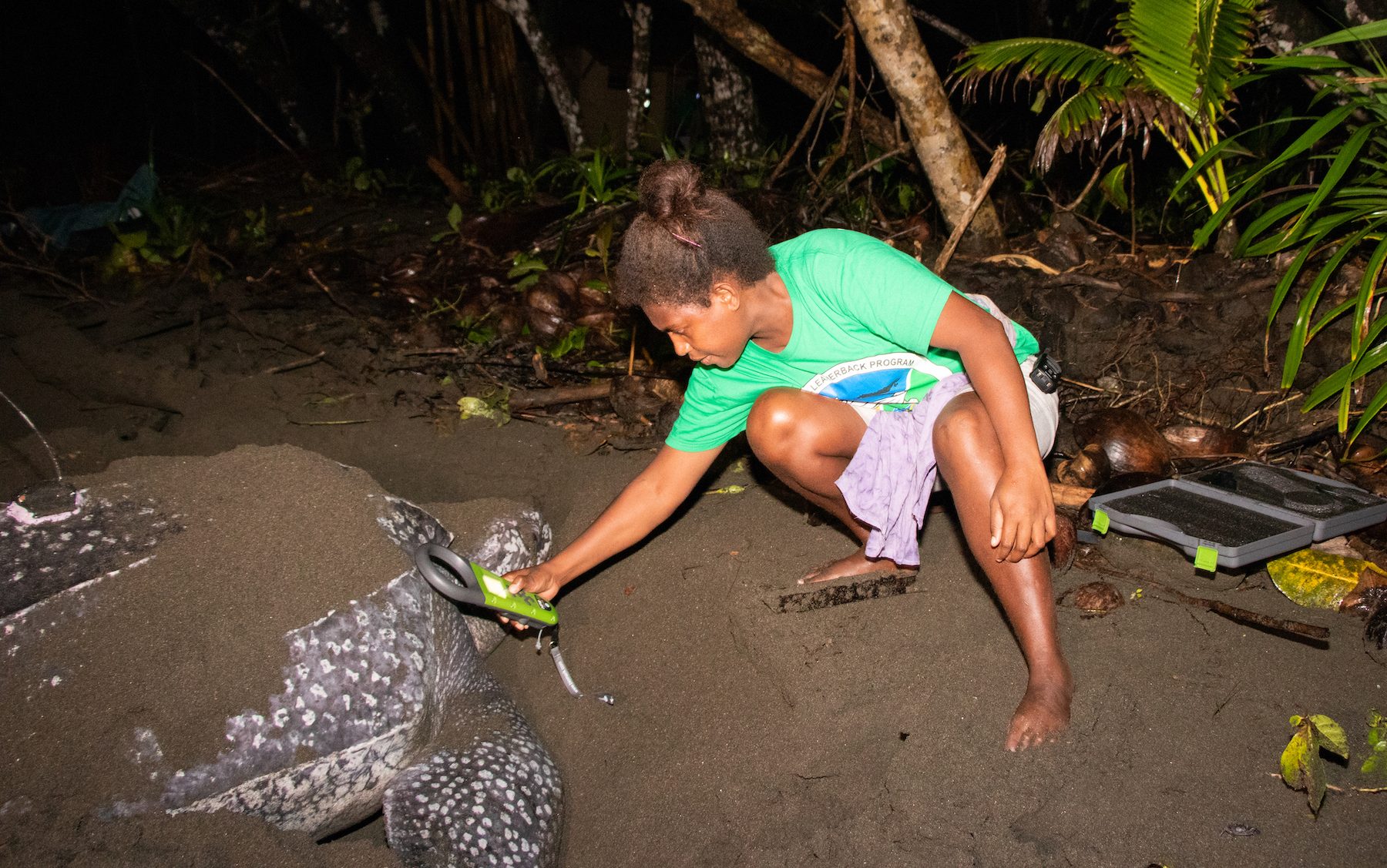 a woman in a green shirt holding a green wand to a turtle's shoulder