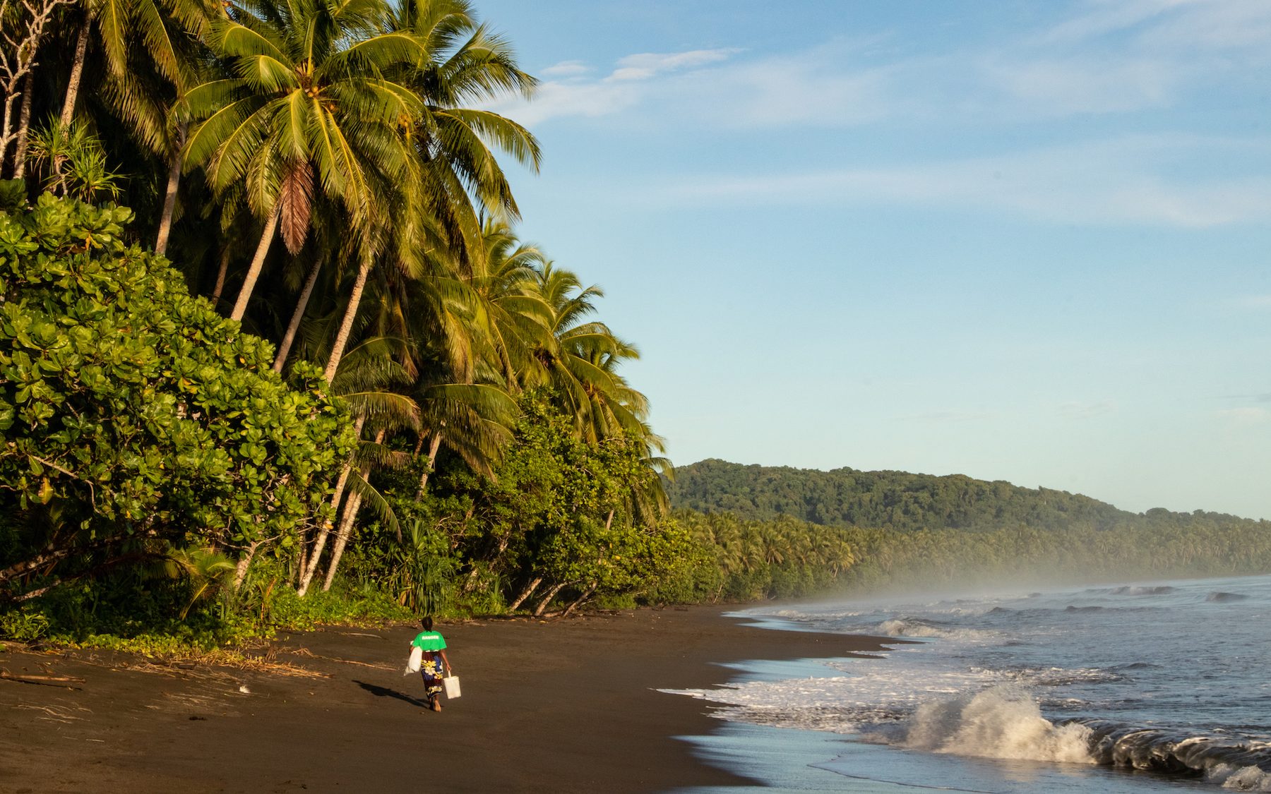 a women walking along a black sand beach with palm trees at sunrise