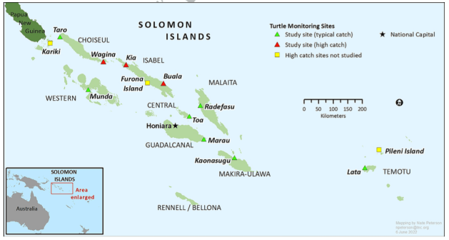 A map of the Solomon Islands with locations of the survey area marked. 