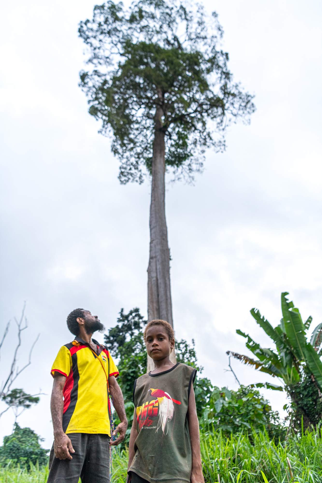 Two men stand in front of a tree in a cleared field