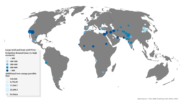 Map of all continents showing tree canopy and water need in 31 cities