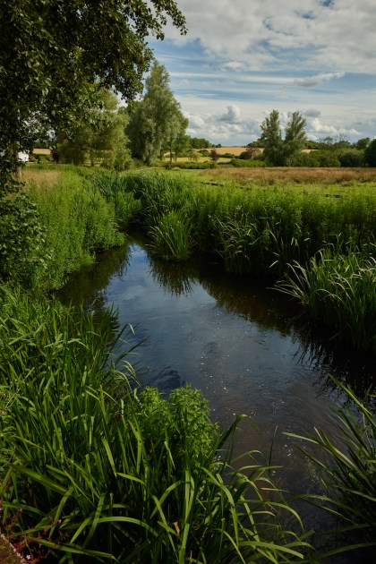 View looking down a stream in rural England.