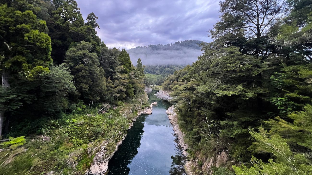 View down a river valley with forest on either side and mountains in the distance. The photo was taken from a bridge directly over the water. 