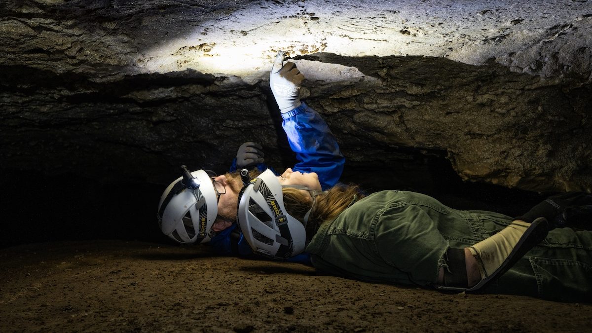 two people laying down in a narrow cave cleft. They are wearing headlamps and examining the cave wall.