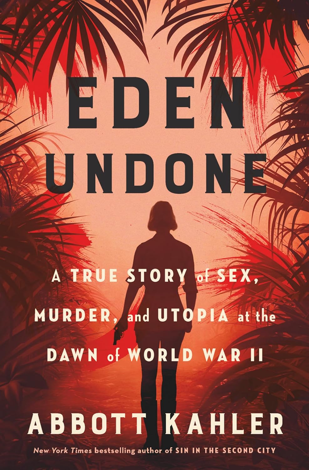The image of a book cover featuring sillouetes of palm fronds and a woman holding a gun.