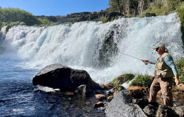 A man fishing at the base of a waterfall