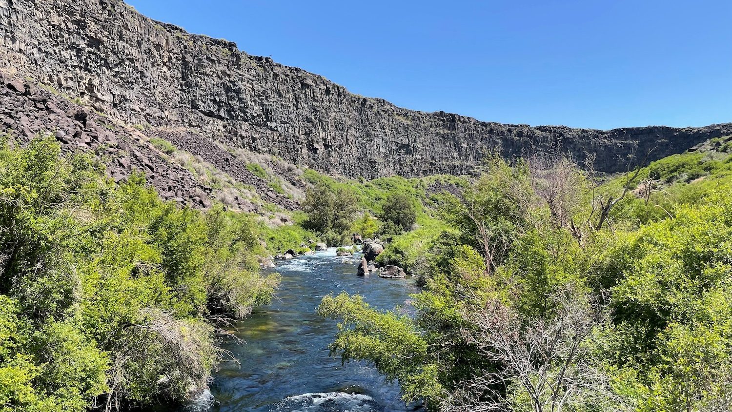 A view looking down a river towards a large basaltic cliff face.