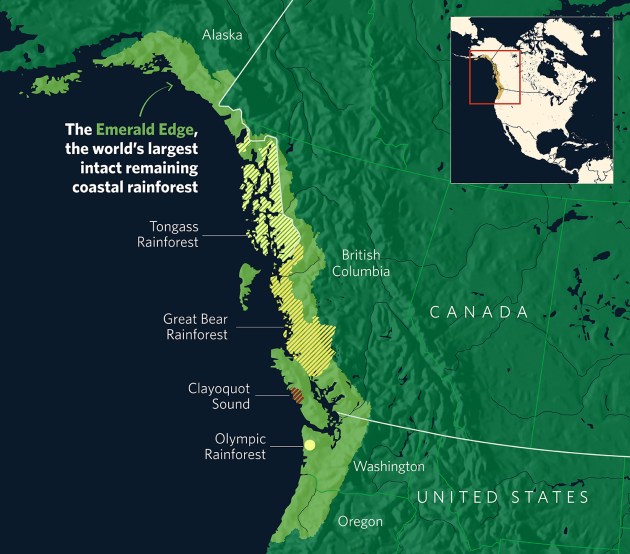 A map of North America's west coast highlighting the location of the Emerald Edge forest.
