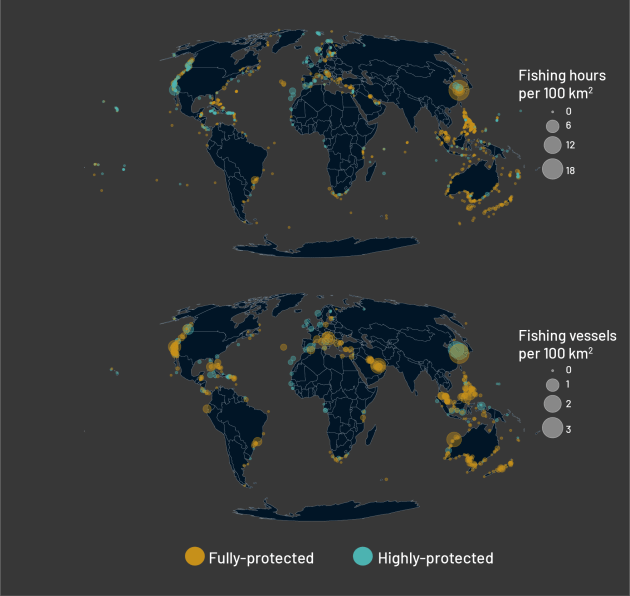 Maps showing different ways researchers tracked industrial fishing.