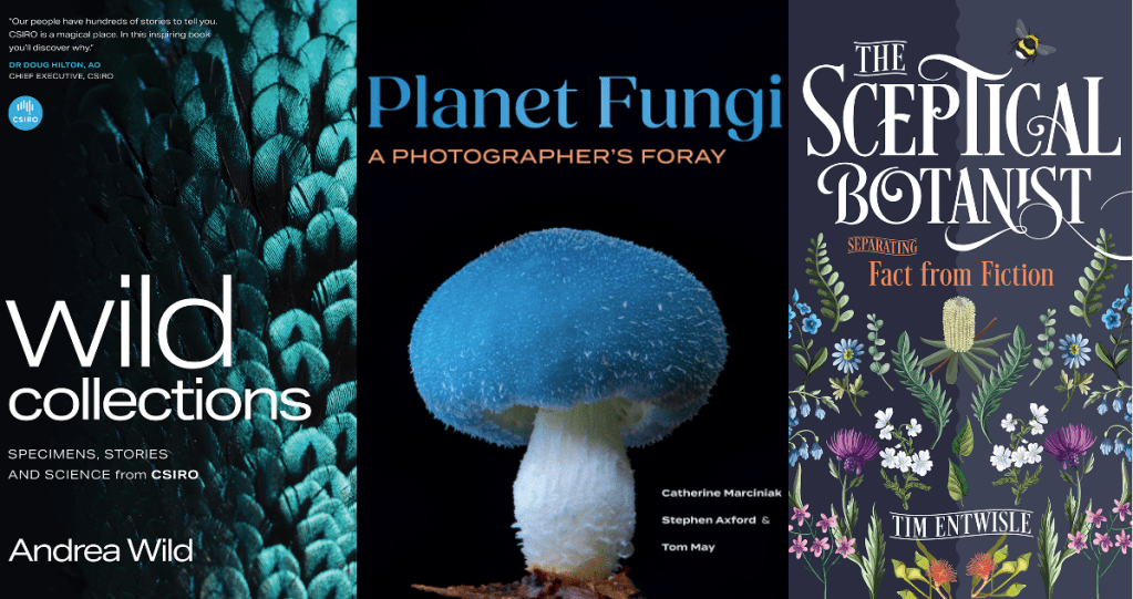 three book covers featuring the texture of feathers, a blue mushroom, and botanical illustrations.