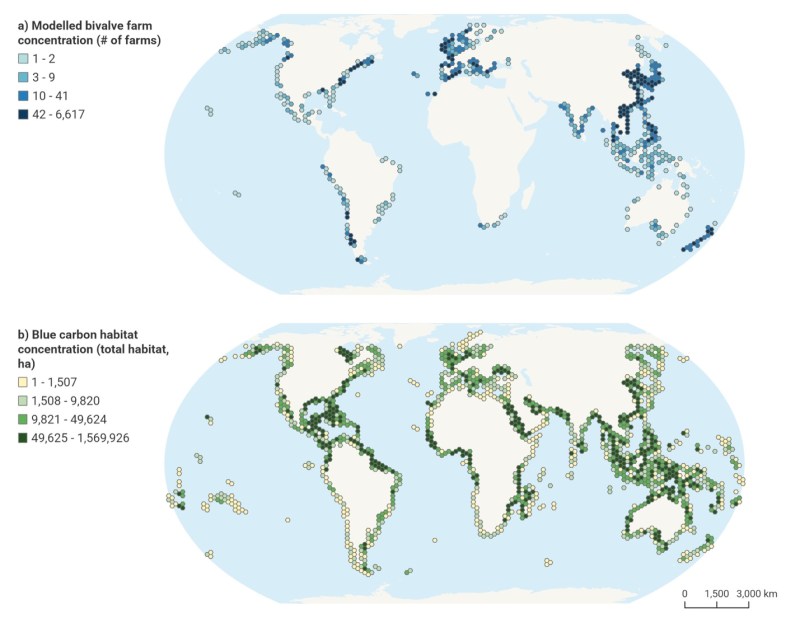 Two maps of the globe with colored shading across coastal areas.