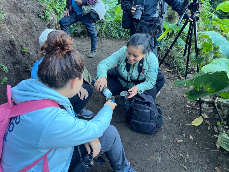 People on a trail in the cloudforest, a woman in a green shirt pours coffee from a thermos into small mugs.