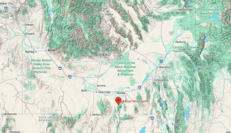 A map with the Albion Mountains pinned